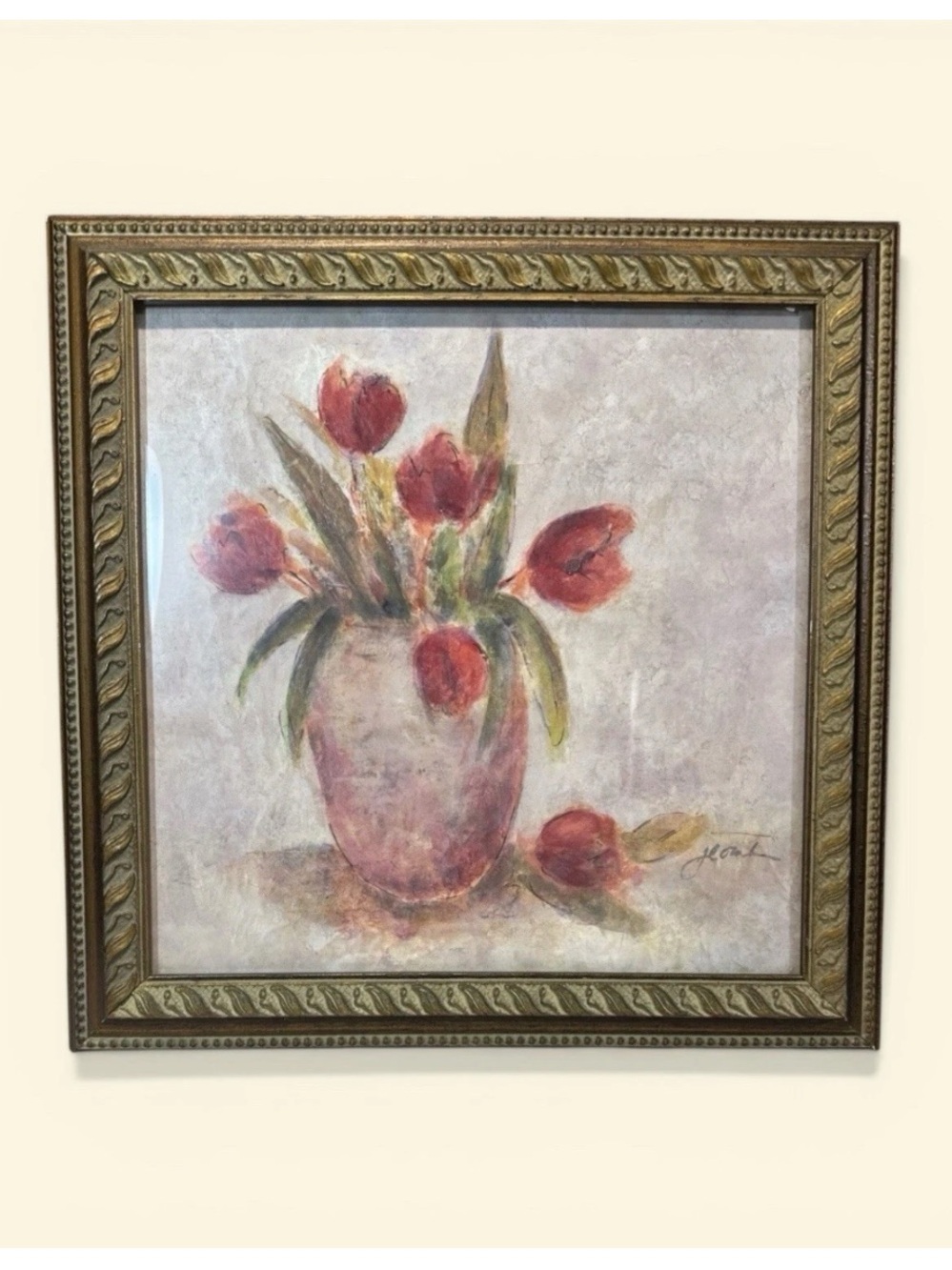 Framed Art "Tulip Essence" By Artist Joyce Combs. Red Tulips. Signed 14.5x14.5โ